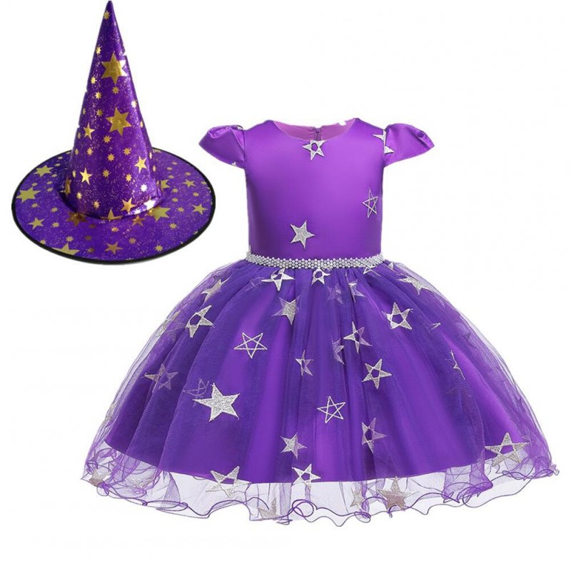 Kids Girls Halloween Witch Hat Star Princess Dress Set for Party Wear purple_120cm
