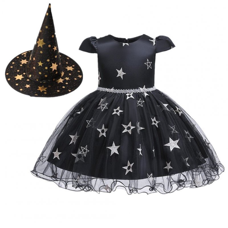 Kids Girls Halloween Witch Hat Star Princess Dress Set for Party Wear black_90cm