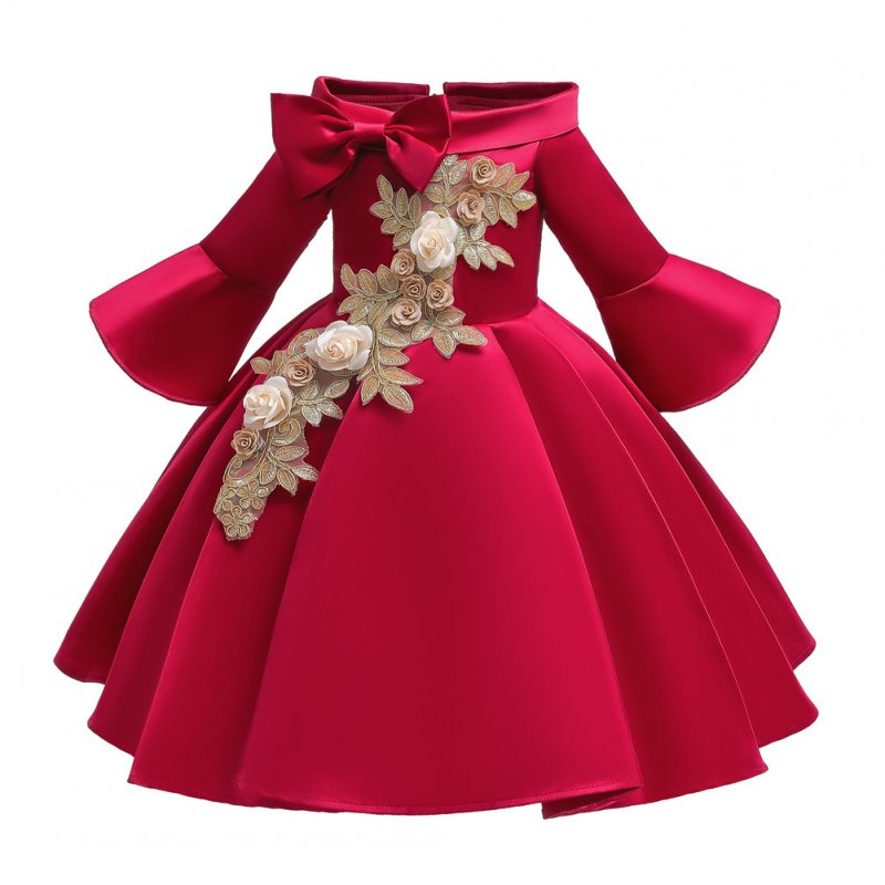 Kids Girls Princess Dress Middle Sleeve Embroidery Full Dress for Christmas New Year Party Wedding red_130