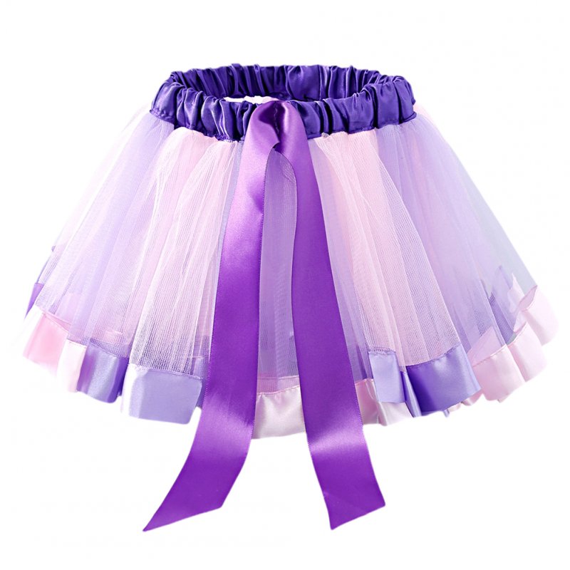 Kids Girls Rainbow Gauze  Skirt Lace-up Design Comfortable Breathable Colorful Home Party Casual Tutu Skirt Princess Dress purple  2-4year M