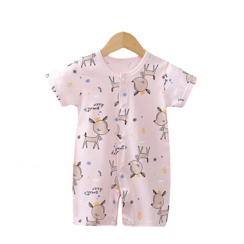 Kids Jumpsuit Newborn Short Sleeves Thin Romper Cartoon Printing Cotton Nightwear For 0-2 Years Old Boys Girls pink deer 0-6month S