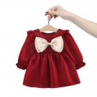 Kids Long Sleeves Dress Stylish Bowknot Cute Princess Skirt Simple Solid Color Dress For Girls Aged 1-3 red CM: 100