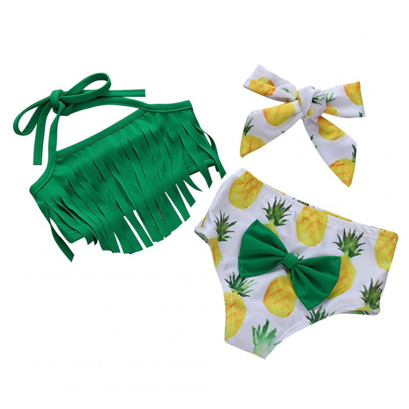 Kids Pineapple Printing Swim Suit Girls Cartoon Tassels Top +Shorts+Headband Green XH1398BK_90cm