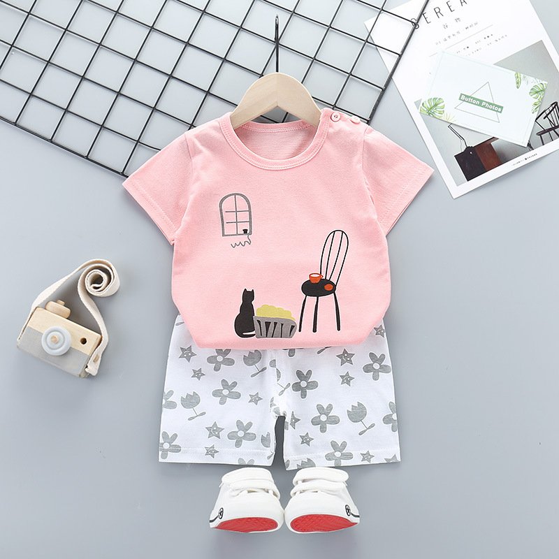 Kids T-shirt Set Fashion Cartoon Printing Short Sleeves Shirt Shorts Summer Cotton Clothing Suit For Kids Aged 0-5 kitten 4-5Y 110-120cm