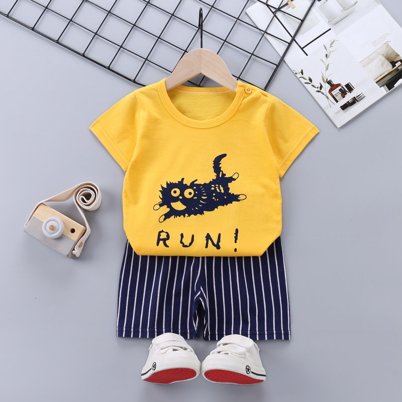 Kids T-shirt Set Fashion Cartoon Printing Short Sleeves Shirt Shorts Summer Cotton Clothing Suit For Kids Aged 0-5 running cat 8-18M 73-80cm