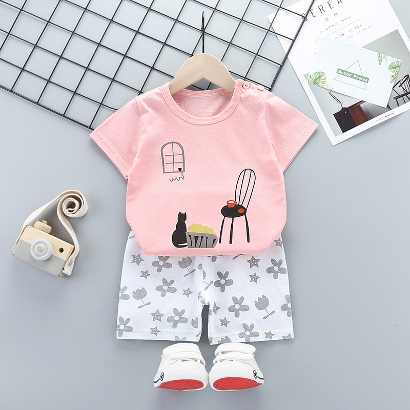 Kids T-shirt Set Fashion Cartoon Printing Short Sleeves Shirt Shorts Summer Cotton Clothing Suit For Kids Aged 0-5 kitten 18-24M 80-90cm