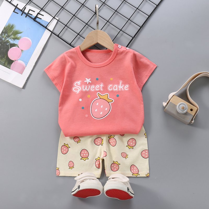 Kids T-shirt Set Fashion Cartoon Printing Short Sleeves Shirt Shorts Summer Cotton Clothing Suit For Kids Aged 0-5 wine red strawberry 18-24M 80-90cm