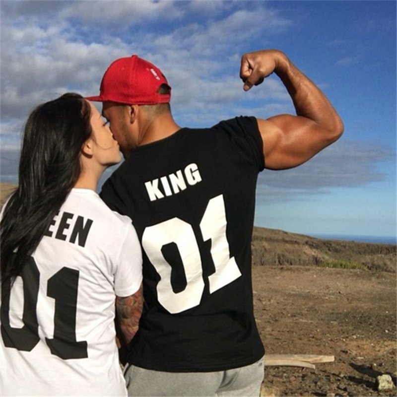 King Queen01 Printing Cotton Short Sleeve T-shirt for Couples Lovers