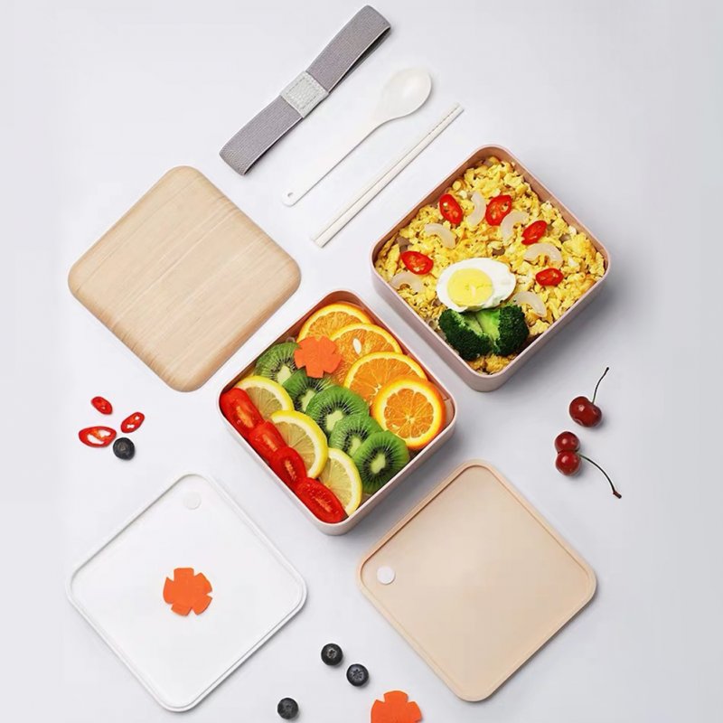 1400ml Portable Lunch Box Set With Chopsticks Spoons Strap Design Premium Leakproof Double Layer Heatable Bento Box White/1400ml