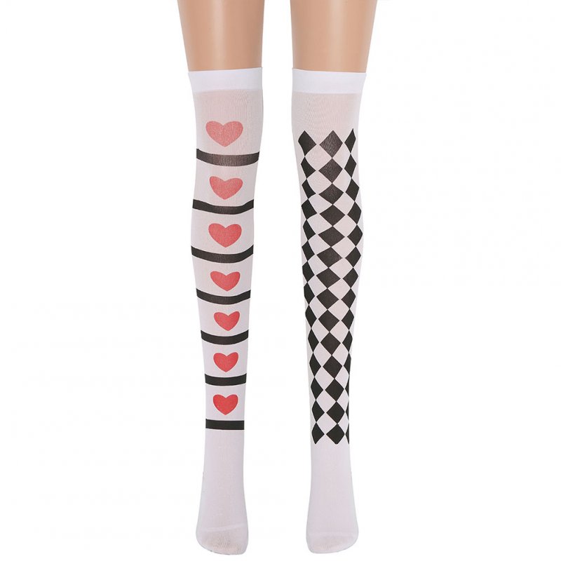 Knee Stockings Halloween Clown Squares and Heart Socks Masquerade Accessories White (black and white checkered red heart stripes)_free size