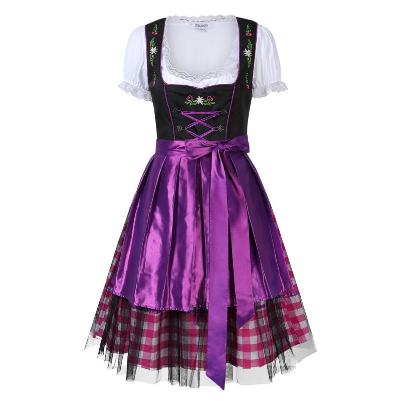 Kojooin Women's Oktoberfest Plaid Mesh Stitching Embroidery A Line Formal Dresses Suit
