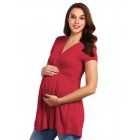 Kojooin Women's Solid Ruched Maternity Dress Wrap V Neck Short Sleeve Blouse Top
