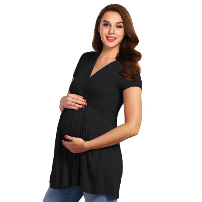 Kojooin Women's Solid Ruched Maternity Dress Wrap V Neck Short Sleeve Blouse Top