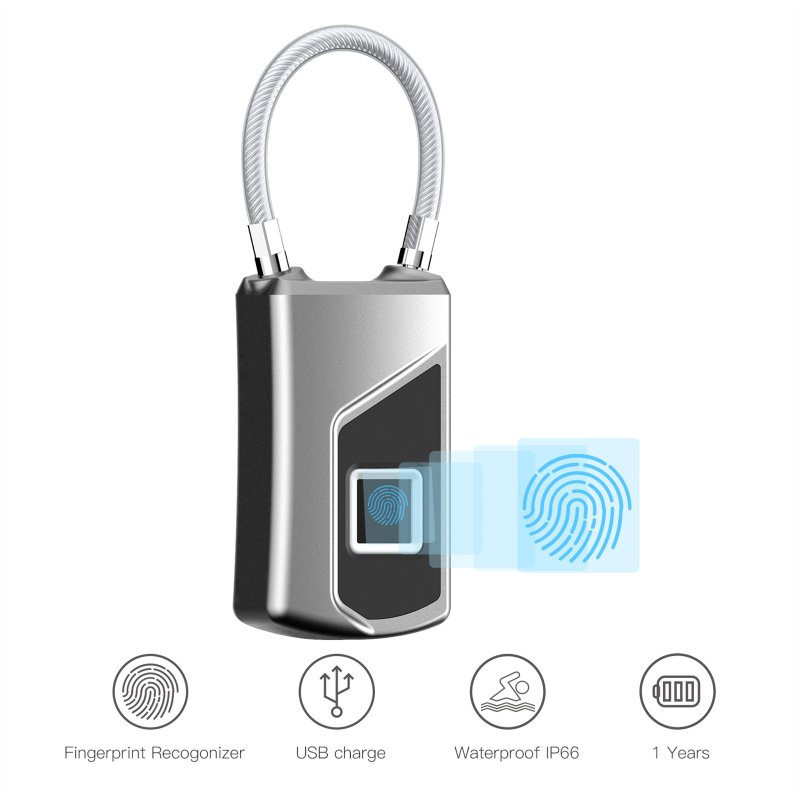 L1 Fingerprint Lock Small Keyless Biometric Smart Padlock 10 Fingerprints Storage High-Security Cable Lock