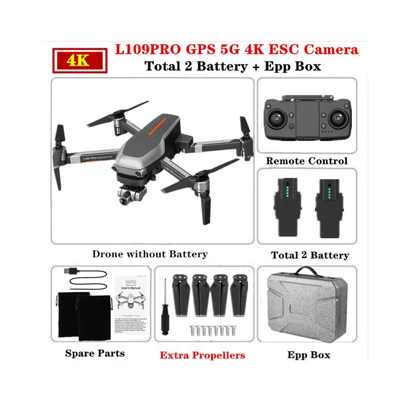 L109PRO GPS Drone 4K Quadcopter Mechanical Two-axis Anti-shake 5G WiFi FPV HD ESC Camera Brushless Helicopter 25mins Flight Time Dual battery_EPP foam box