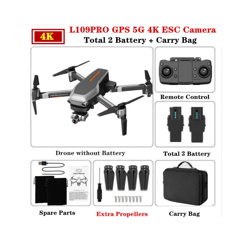 L109PRO GPS Drone 4K Quadcopter Mechanical Two-axis Anti-shake 5G WiFi FPV HD ESC Camera Brushless Helicopter 25mins Flight Time Dual battery_Carrying case