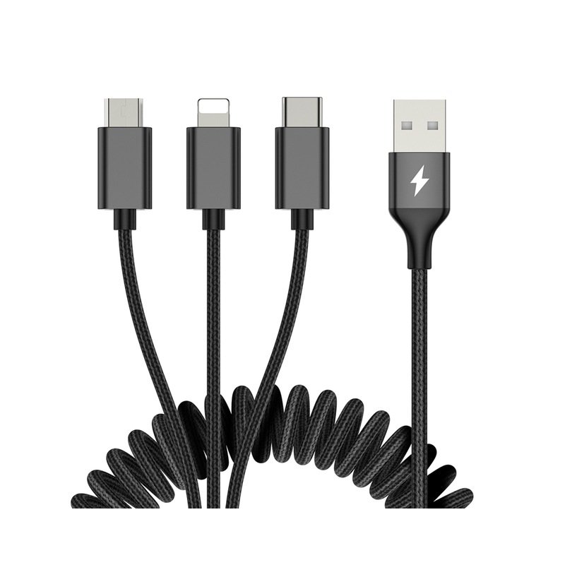 ROCK 3 in 1 USB Cable Retractable Spring Cable for iPhone Samsung Xiaomi 3.3A Fast Charging Type-C Microusb Data Cable Wire Cord black