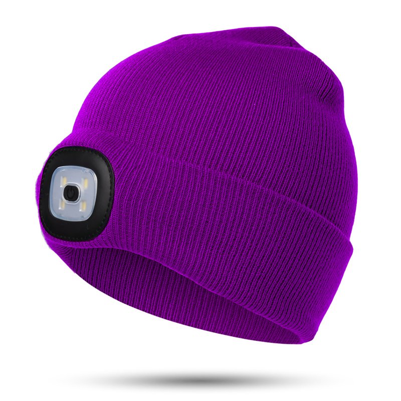 LED Beanie With Light, Kids Rechargeable 4LED Headlamp Hat, Winter Warm Unisex Knitted Hat For Outdoor Dog Walking Camping Running Hiking, Gifts For Boys Girls Purple