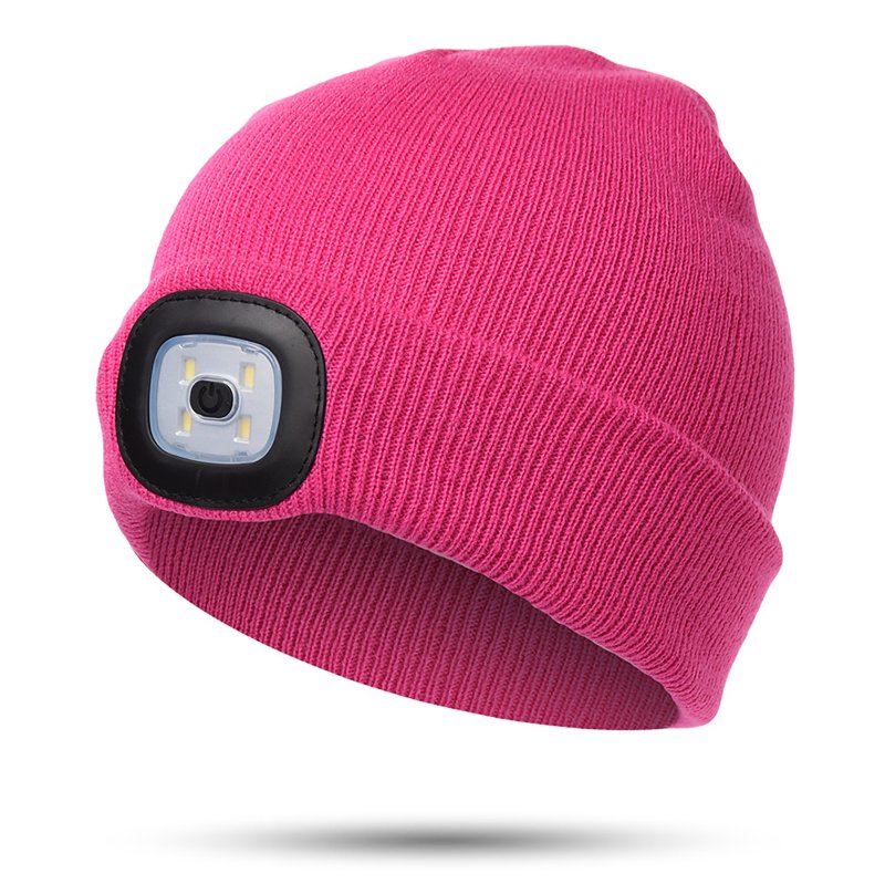 LED Beanie With Light, Kids Rechargeable 4LED Headlamp Hat, Winter Warm Unisex Knitted Hat For Outdoor Dog Walking Camping Running Hiking, Gifts For Boys Girls rose red