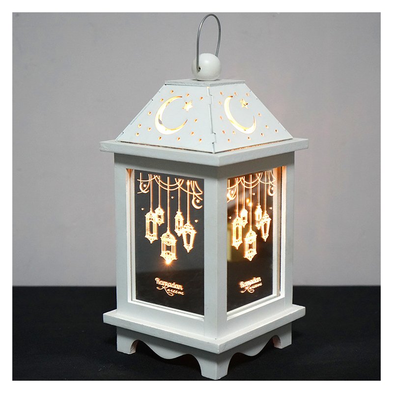 LED Lights Iron Lantern for Home Eid Mubarak Ramadan Party Decoration white_14.5 * 29cm