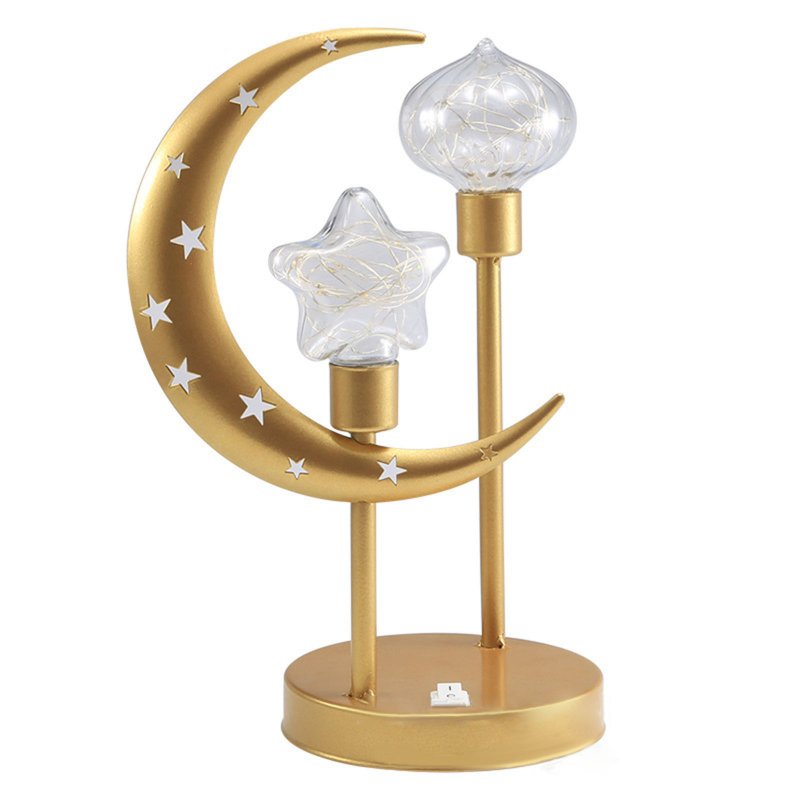 LED Ramadan Moon Star Table Lamp Battery Operated Hollow Out Light Frame Dual Head Night Light For Bedroom Living Room Christmas Decor Warm White