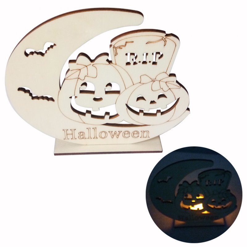 LED Wooden Candle Light DIY Moon Pumpkin Man/Tombstone/Ghost House Ornament for Halloween Party JM01651