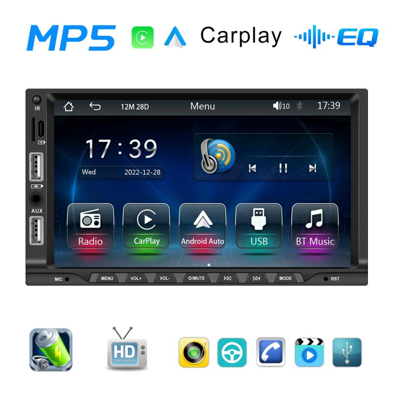 7-inch 2 Din Car Radio Bluetooth 5.1 Hands-free Mp5 Player for Carplay with Microphone 
