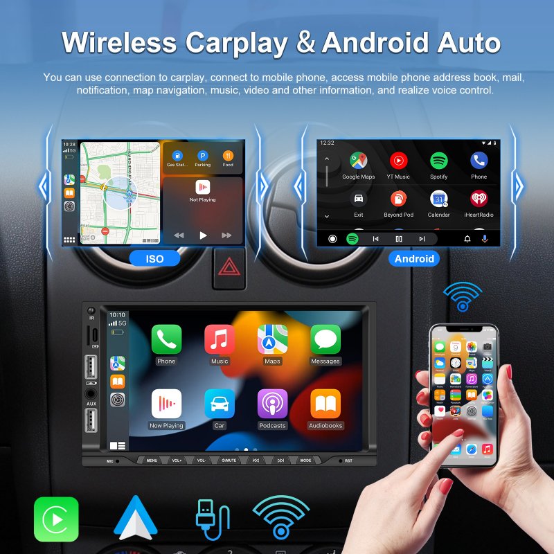 7-inch 2 Din Car Radio Bluetooth 5.1 Hands-free Mp5 Player for Carplay with Microphone 