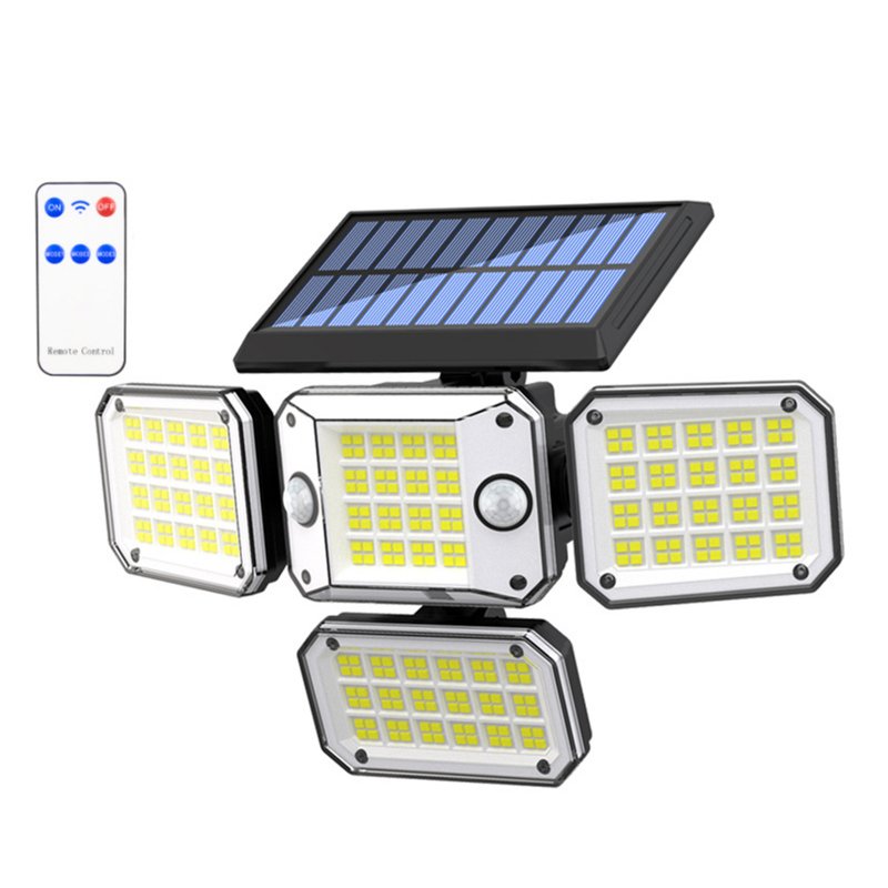 Outdoor Solar Lights with Remote Control 3 Lighting Modes IP65 Waterproof Motion Sensor Wall Light 4 Heads 296led