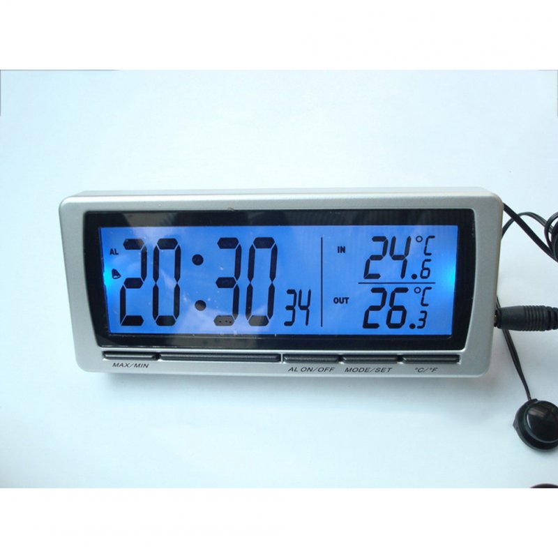 T08 4-in-1 Car Clock Dual Thermometer Calendar Alarm Clock Inside Outside Temperature Monitor Blue