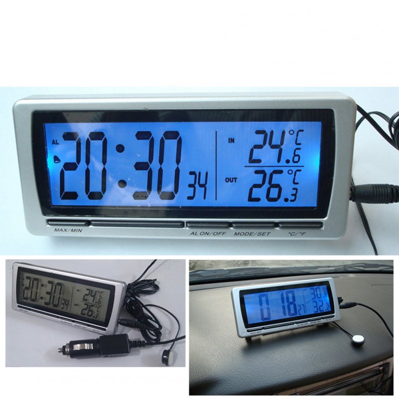 T08 4-in-1 Car Clock Dual Thermometer Calendar Alarm Clock Inside Outside Temperature Monitor Blue