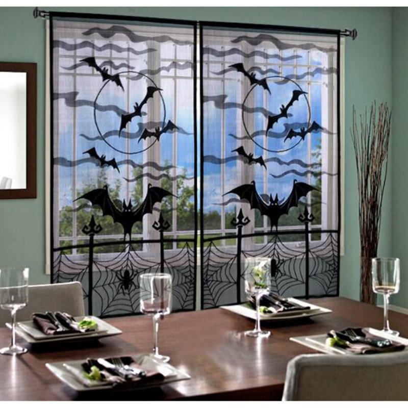 Lace Spider Web Bat Pattern Window Door Curtain for Halloween Spirit Festival Decor 40x84 Inches black_101x213cm