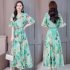 Ladies Fashion Print Style Slim V Neck Middle Waist Long Dress  green L