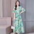 Ladies Fashion Print Style Slim V Neck Middle Waist Long Dress  green L