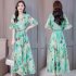 Ladies Fashion Print Style Slim V Neck Middle Waist Long Dress  green XL