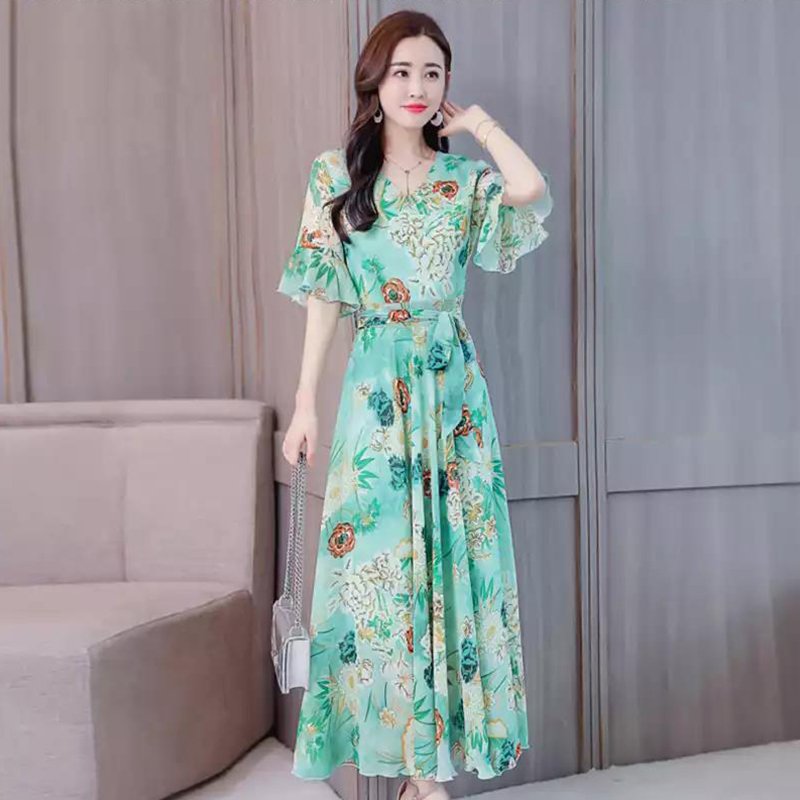 Ladies Fashion Print Style Slim V Neck Middle Waist Long Dress  green_XL