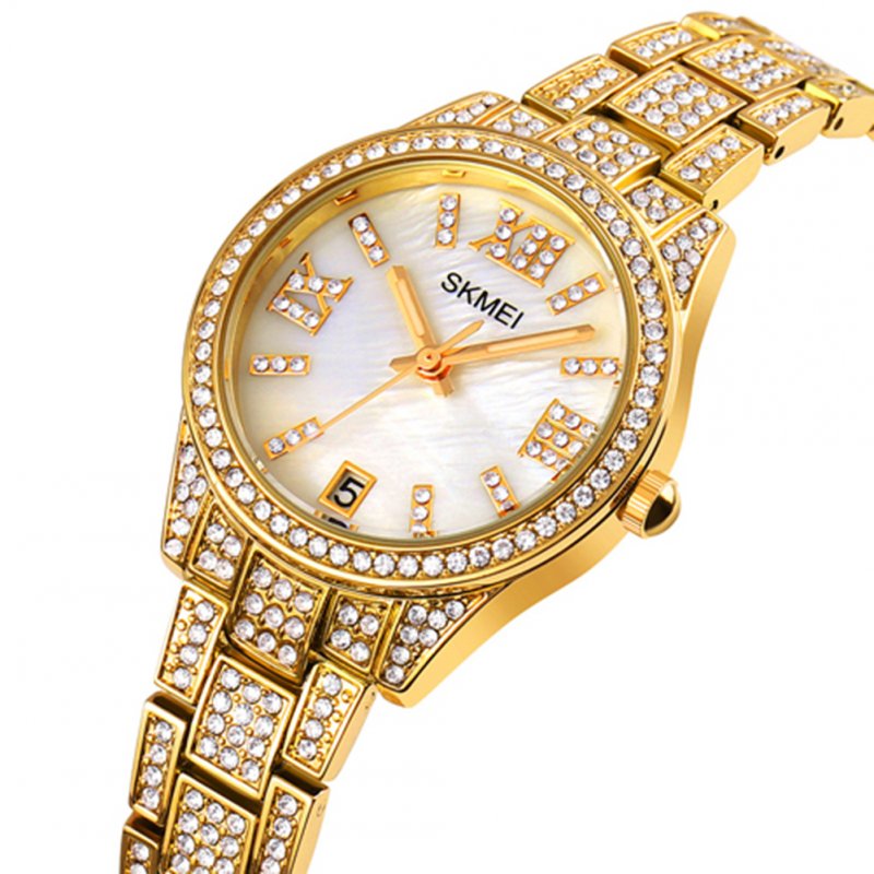 Ladies Quartz  Watch Stainless Steel Luxury Rhinestone Dial Watch Time Date Display Clock Golden