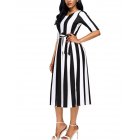 Lady A line Long Dress Vertical Wide Stripes Half Sleeve Round Neck Waist Belt Valentines Gift