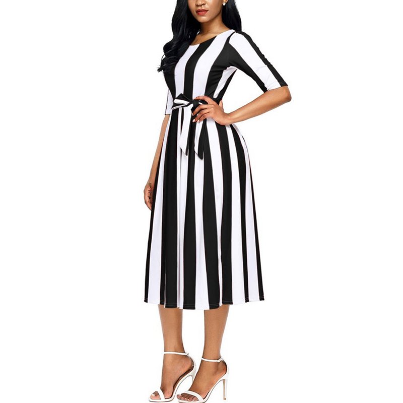 Lady A-line Long Dress Vertical Wide Stripes Half Sleeve Round Neck Waist Belt Valentines Gift