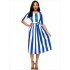 Lady A line Long Dress Vertical Wide Stripes Half Sleeve Round Neck Waist Belt Valentines Gift