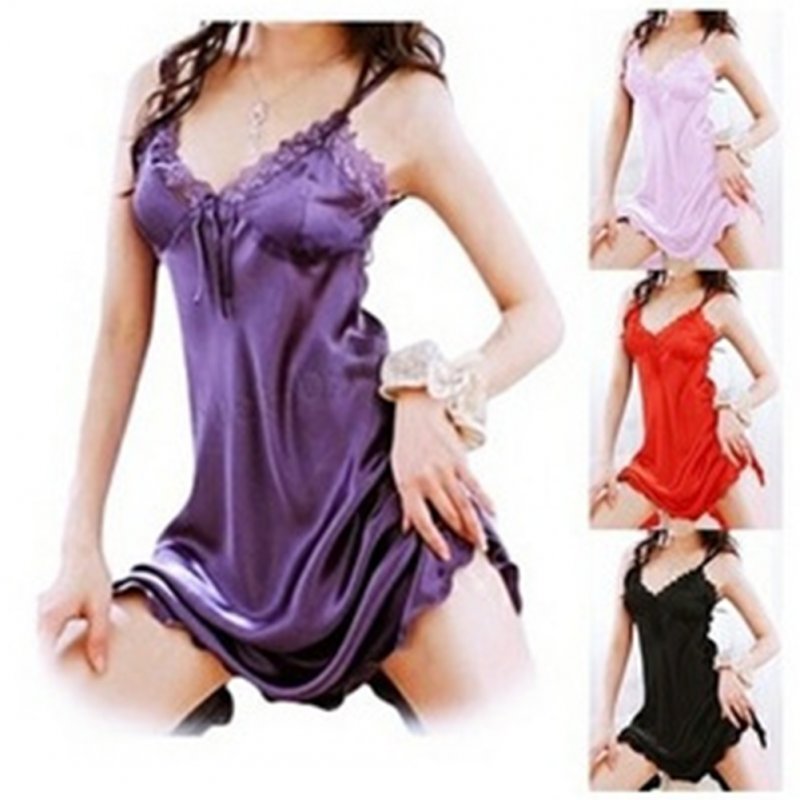 Lady Lace Brim Pajamas Nightdress Pure Color Woman See-through Sexy Underwear  Pink_Free size