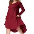 Lady Long Sleeve Irregular Dress Crew Neck Solid Color Over Size Dress with Pockets Wine red 2XL