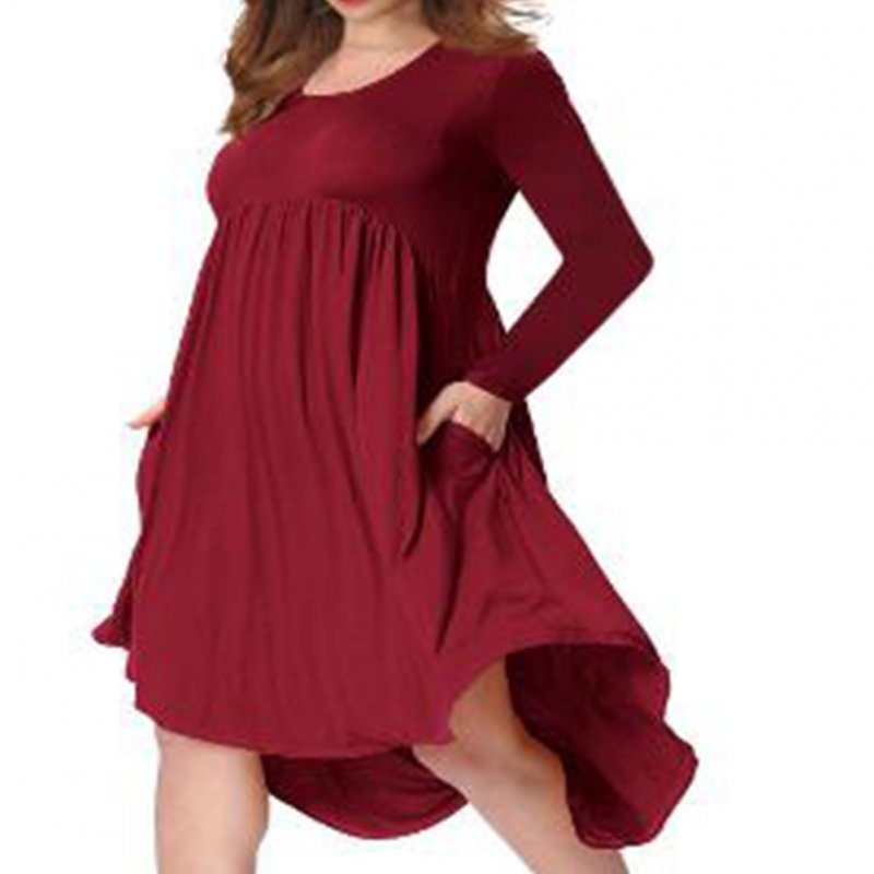 Lady Long Sleeve Irregular Dress Crew Neck Solid Color Over Size Dress with Pockets Wine red_3XL