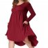 Lady Long Sleeve Irregular Dress Crew Neck Solid Color Over Size Dress with Pockets Wine red XL