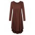Lady Long Sleeve Irregular Dress Crew Neck Solid Color Over Size Dress with Pockets coffee XL