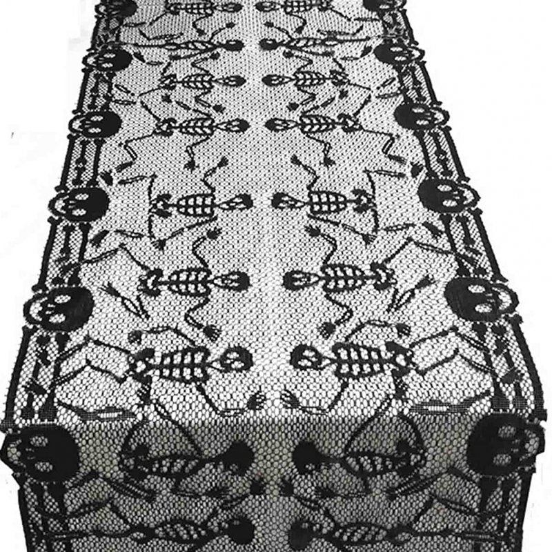 Large Size Lace Table Runner Black Skeleton Dance Pattern Halloween Party Decoration black_46x200cm