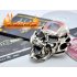 Large skull belt buckle with square window slot to hold the included LED light module or the included ironic mp3 player   