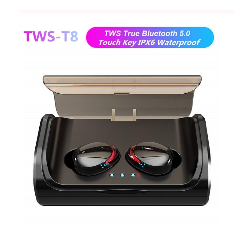 TWS T8 Bluetooth 5.0 True Wireless Earphones In-Ear Earbuds Deep Bass Stereo IPX6 Waterproof Sports Headset 