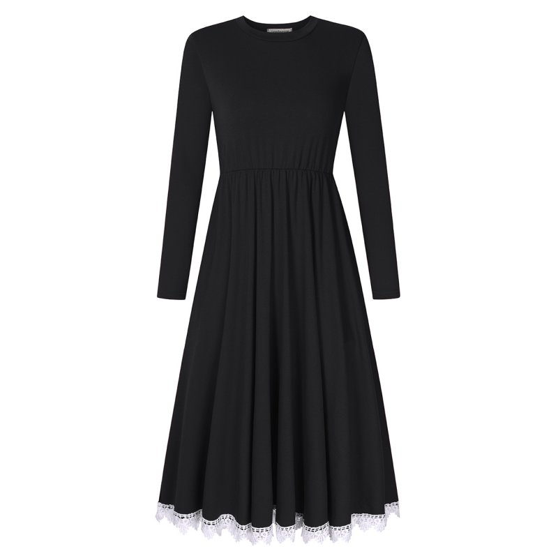 Leadingstar Women Long Sleeve Lace Trim Casual A-Line Flare Midi Dress with Pocket