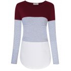 Leadingstar Women Scoop Neck Color Block Stripe Casual Long Sleeve T Shirt Tops Red wine XL